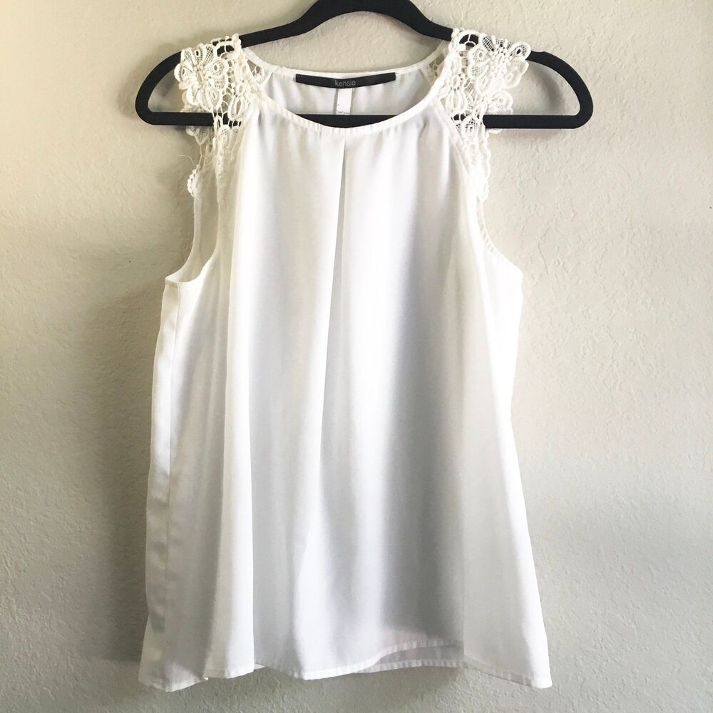 White sleeveless semi sheer top crochet shoulder detail minimal feminine M